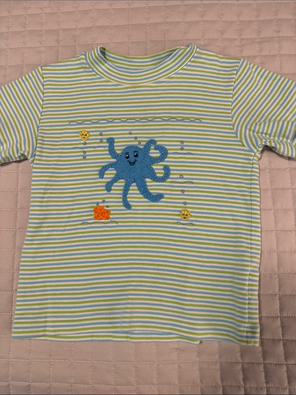 Squiggles by Charlie size 2T striped short sleeve tee with octopus appliqué